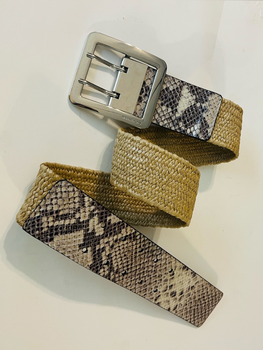 MICHAEL Michael Kors Wide Snakeskin Python Leather Stretch Straw Belt Silver